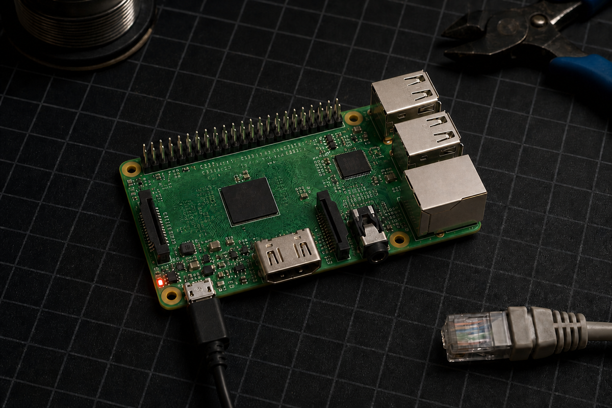 Raspberry Pi 1 Model B Plus on a dark maker workbench with Ethernet cable and red status LED