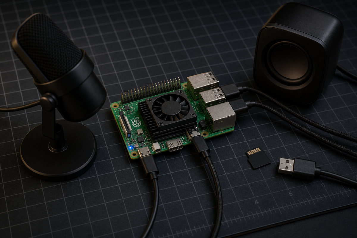 Raspberry Pi 5 with active cooler connected to a USB microphone and compact speaker on a dark maker workbench