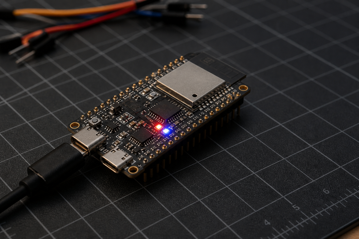 ESP32-S3 development board on a dark maker workbench with its RGB LED illuminated