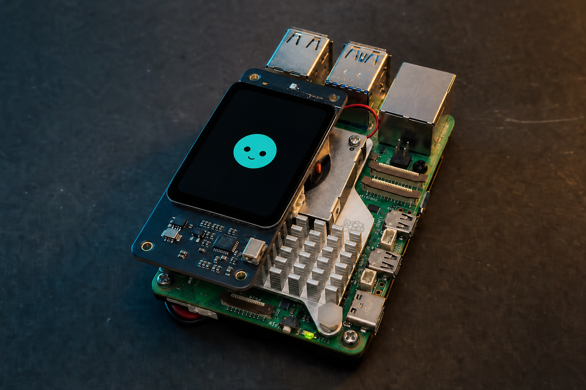 Portable Raspberry Pi 5 voice assistant with a small display, microphone, speaker, active cooler and stacked battery board on a dark maker workbench