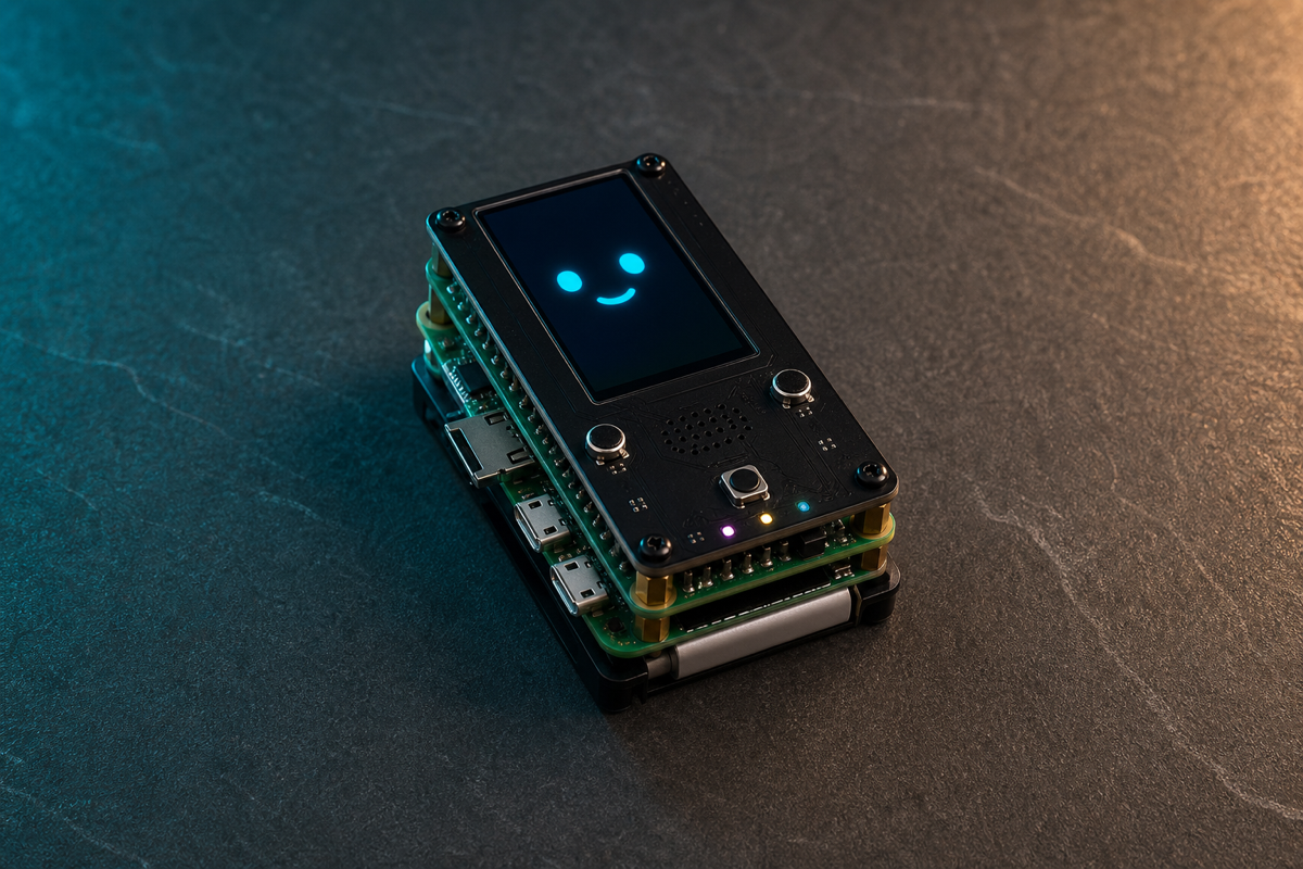 Pocket AI chatbot made from a Raspberry Pi Zero 2 W, Whisplay audio display HAT and slim battery board on a dark maker workbench