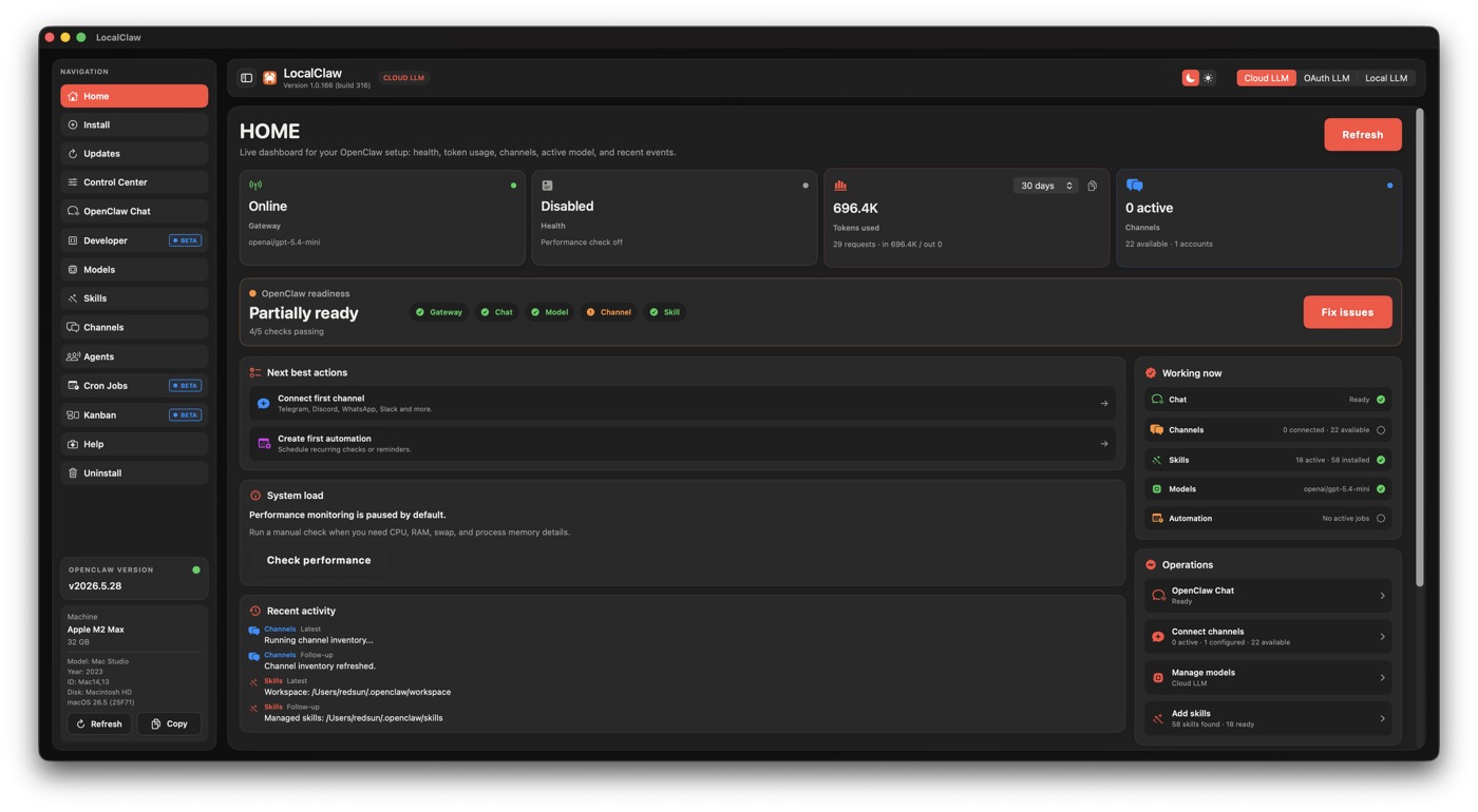 LocalClaw native Mac dashboard with OpenClaw status and system controls